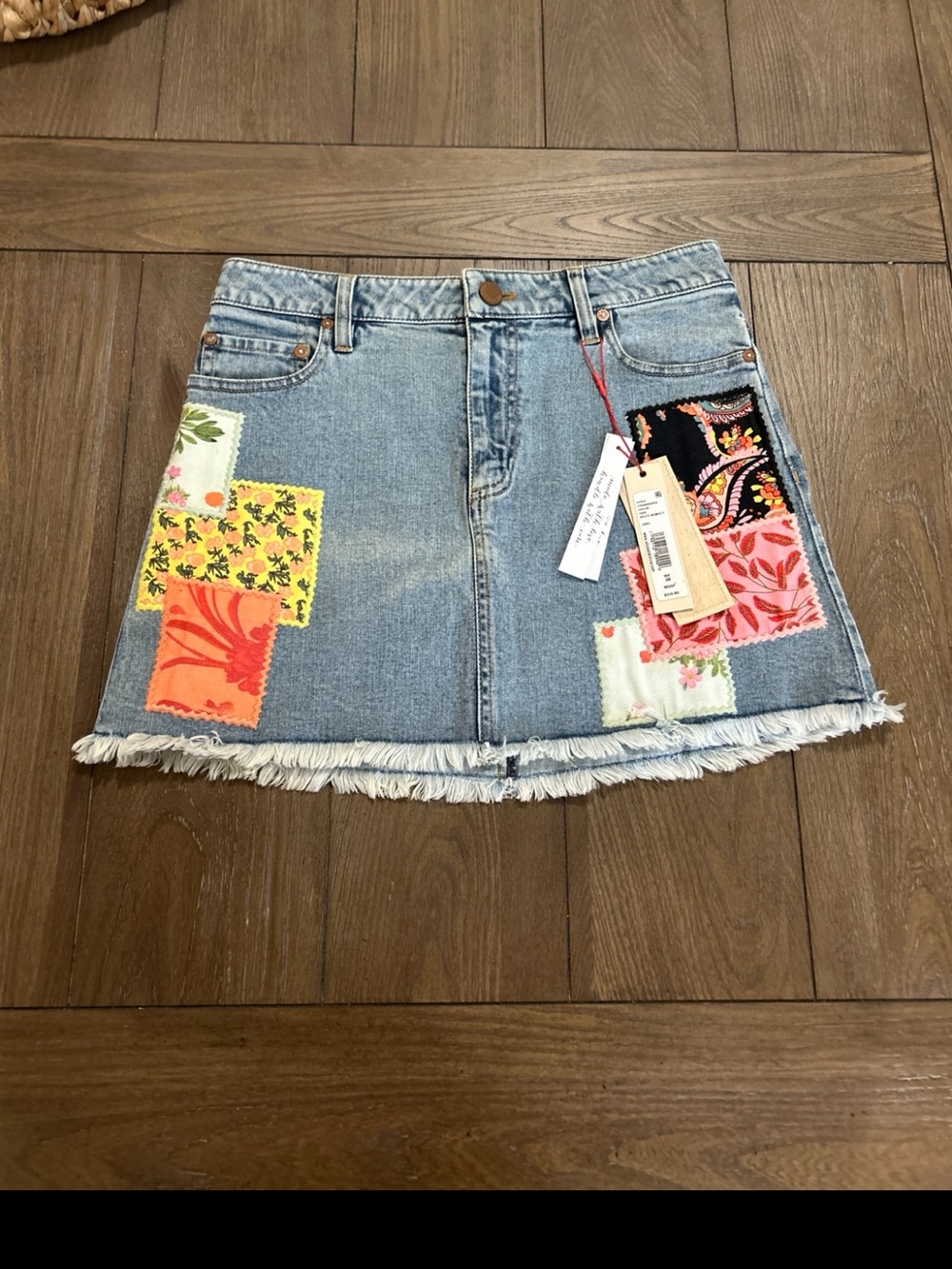 Alice + Olivia Light Blue Denim Patchwork Mini Skirt